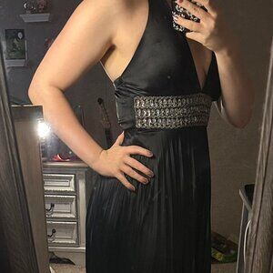 XOXO Black Halter Evening Gown with Rhinestone Waist – Formal Prom Dress (Size S